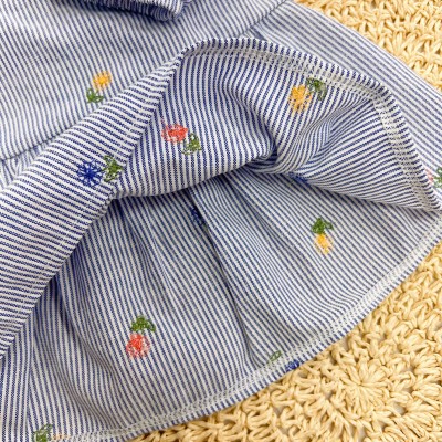 Vestido Listrado Manga Longa com Florzinhas - Azul